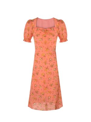French Floral Puff Sleeve Pleated Midi Dress