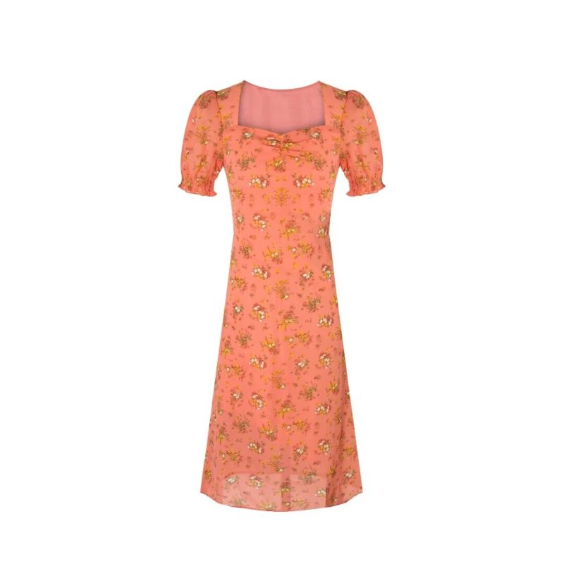 French Floral Puff Sleeve Pleated Midi Dress
