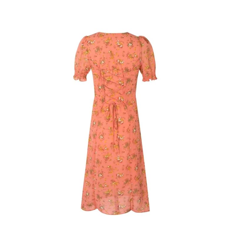 French Floral Puff Sleeve Pleated Midi Dress - Image 2
