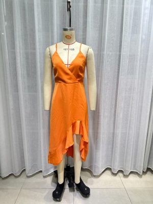 French Orange Asymmetric Knit Long Formal Dress