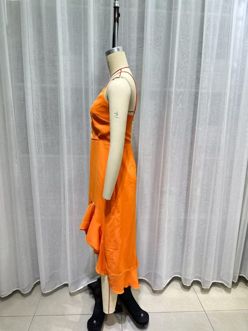 French Orange Asymmetric Knit Long Formal Dress - Image 2