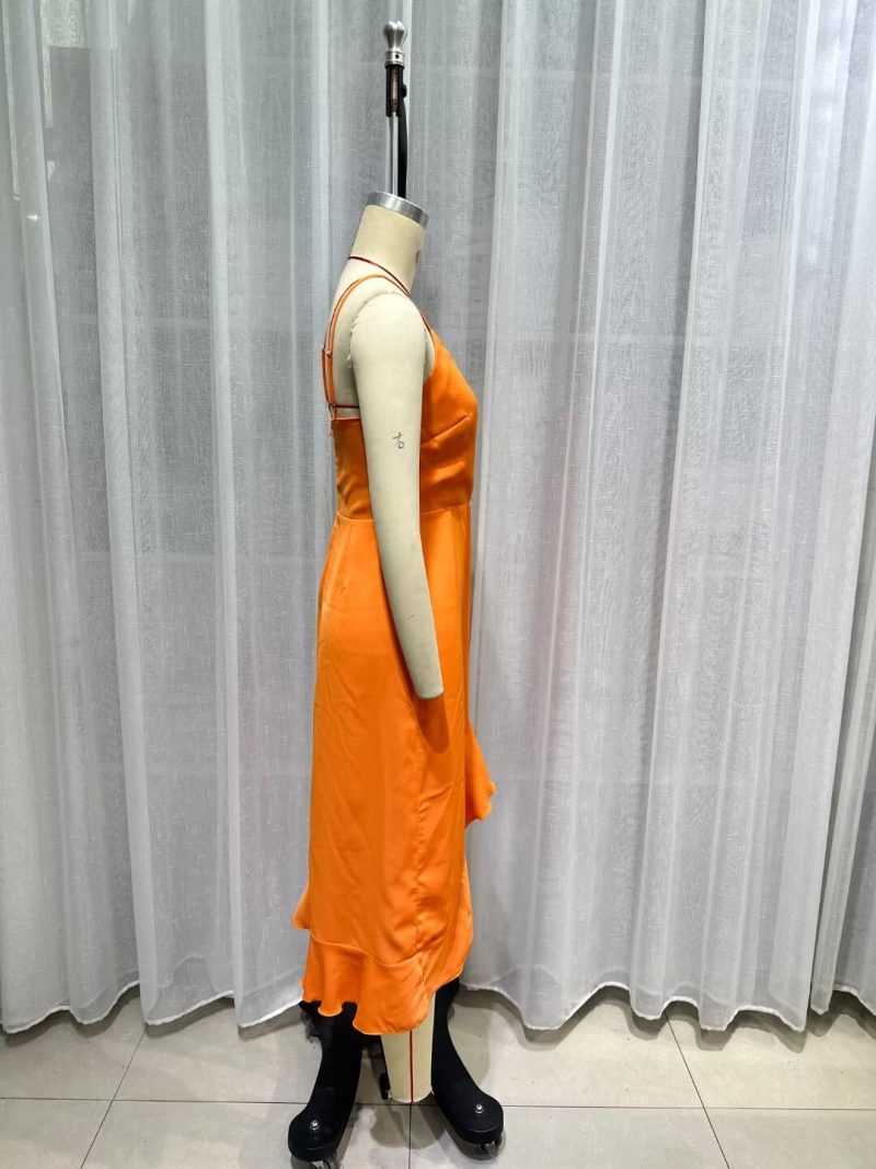 French Orange Asymmetric Knit Long Formal Dress - Image 3