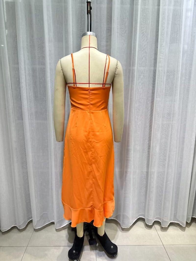 French Orange Asymmetric Knit Long Formal Dress - Image 4