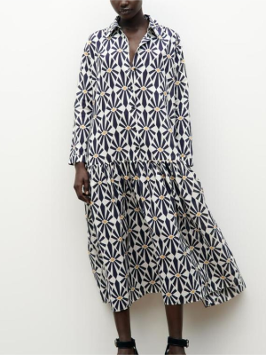 Collared Printed Long Sleeve Summer Stitch Dress