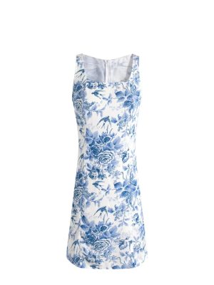 French Vintage Porcelain Print Square Neck Dress