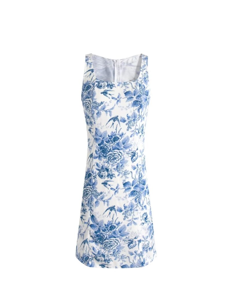 French Vintage Porcelain Print Square Neck Dress