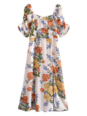 Printed Square Neck Puff Sleeve Slit Dress