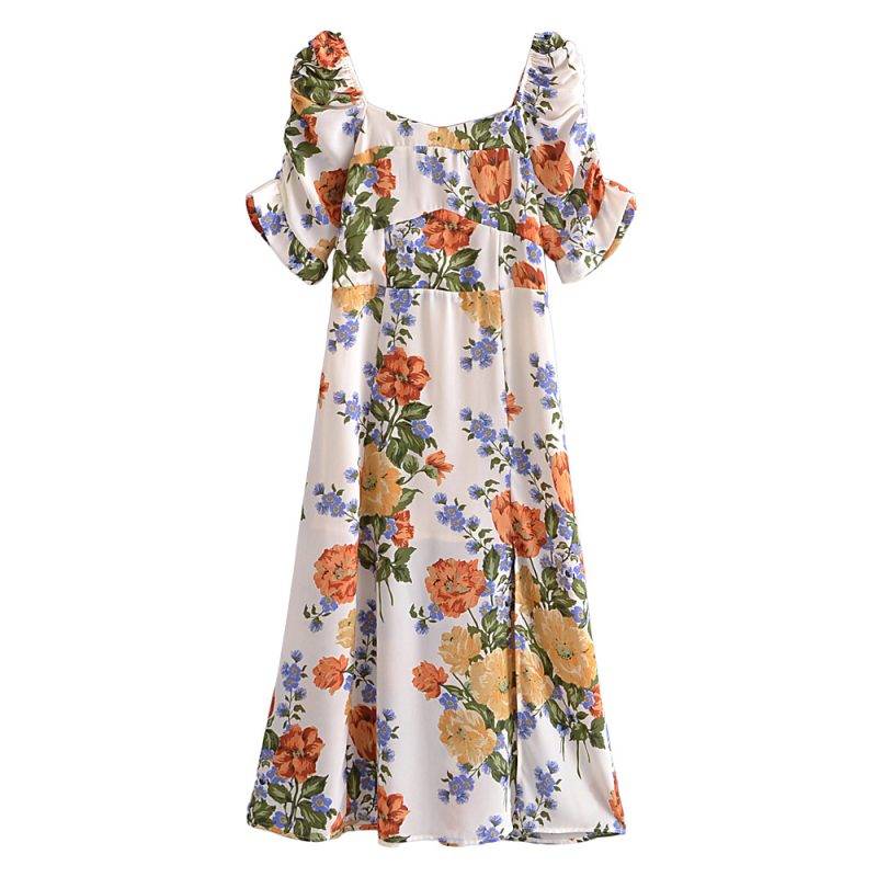 Printed Square Neck Puff Sleeve Slit Dress
