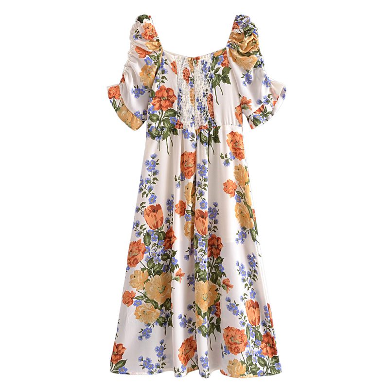Printed Square Neck Puff Sleeve Slit Dress - Image 2