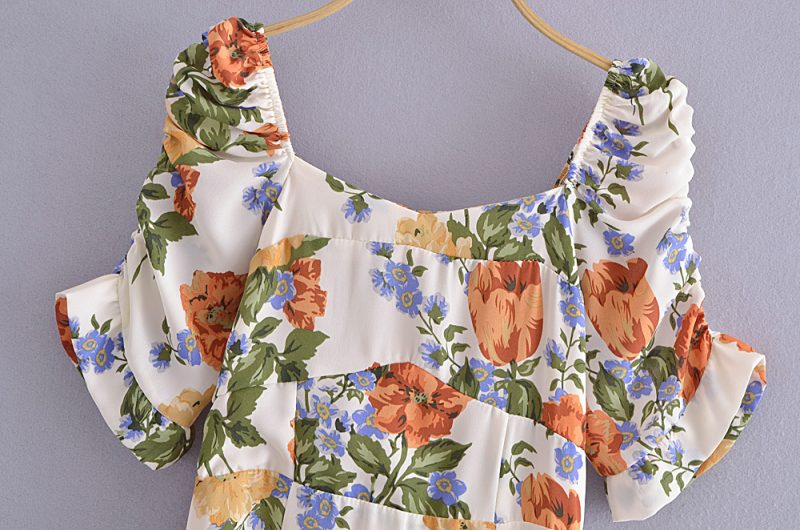 Printed Square Neck Puff Sleeve Slit Dress - Image 3