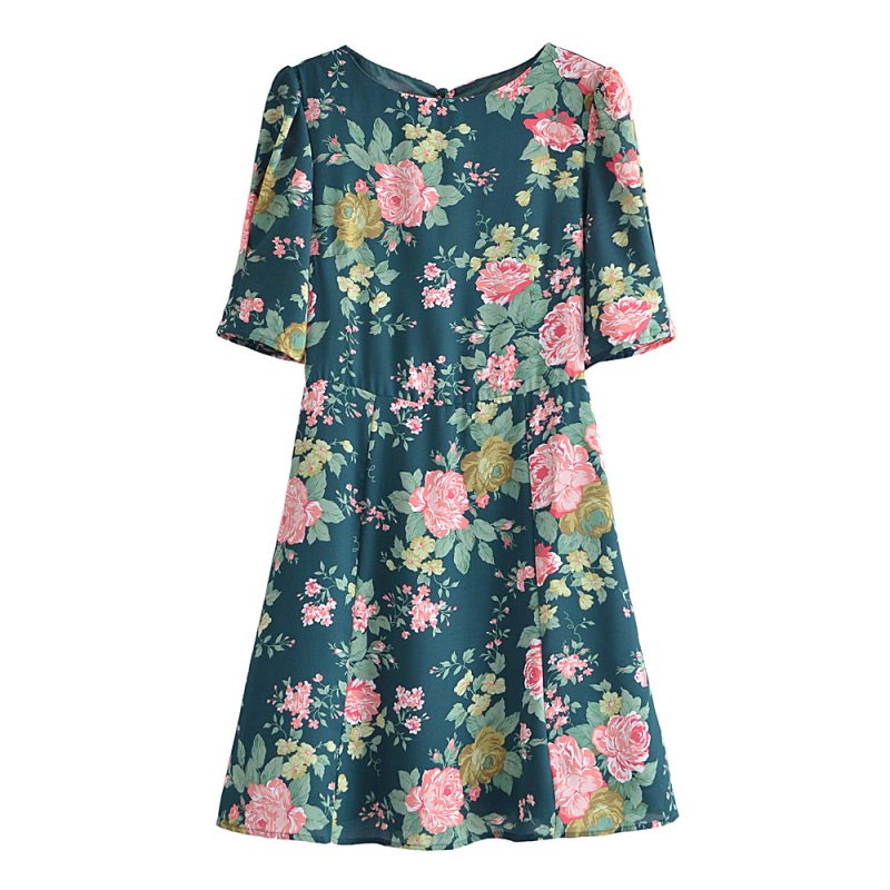 French Spring Print Dress with Lace-Up Back