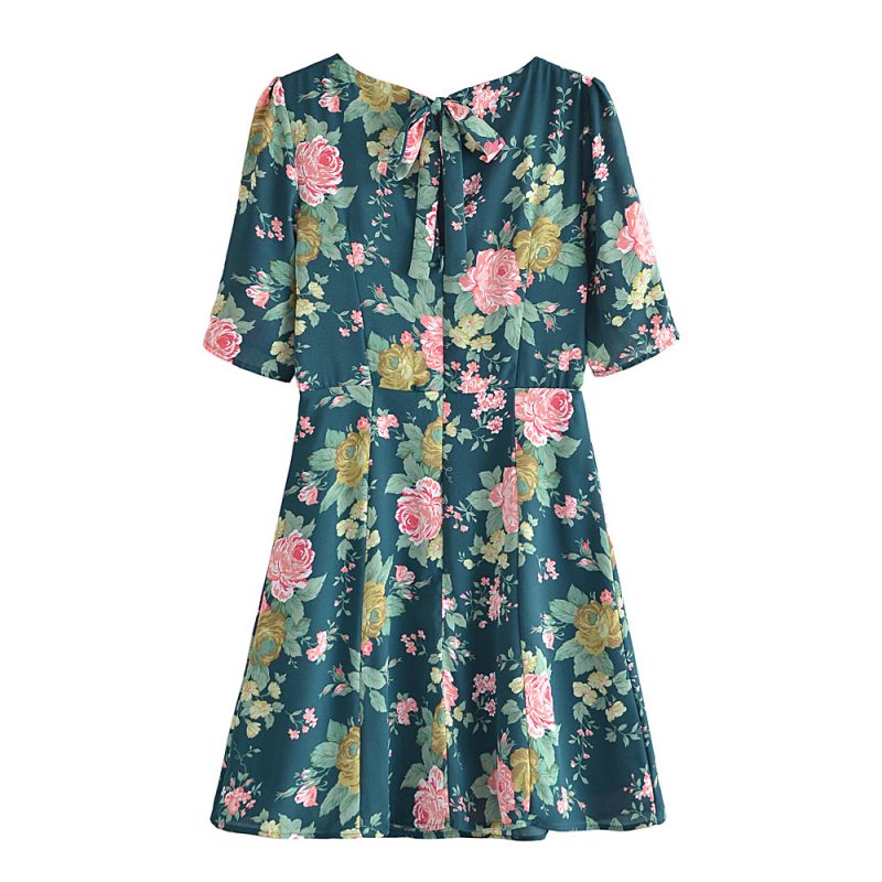 French Spring Print Dress with Lace-Up Back - Image 2