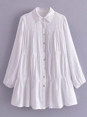 Women’s Spring Loose White Pleated Shirt Dress