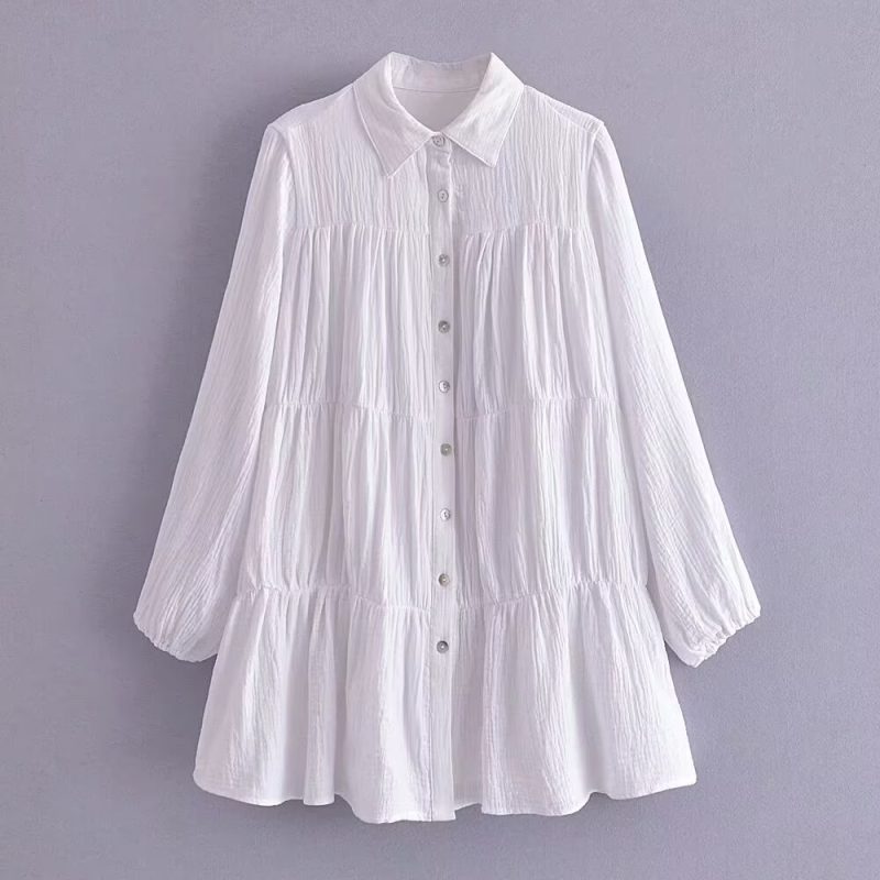 Women’s Spring Loose White Pleated Shirt Dress