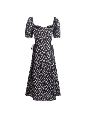 French Retro Puff Sleeve Lace-Up Midi Dress