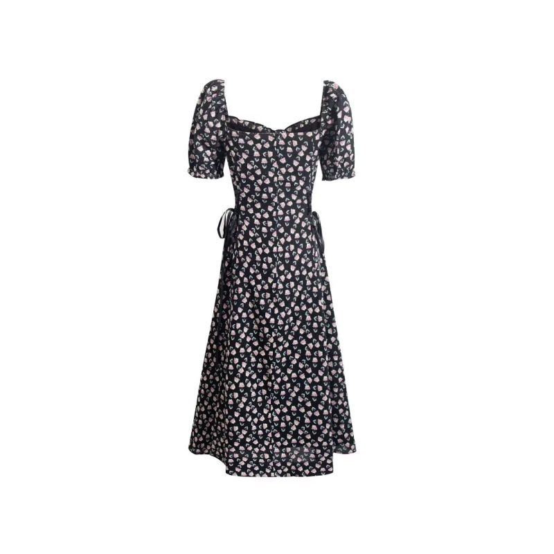 French Retro Puff Sleeve Lace-Up Midi Dress