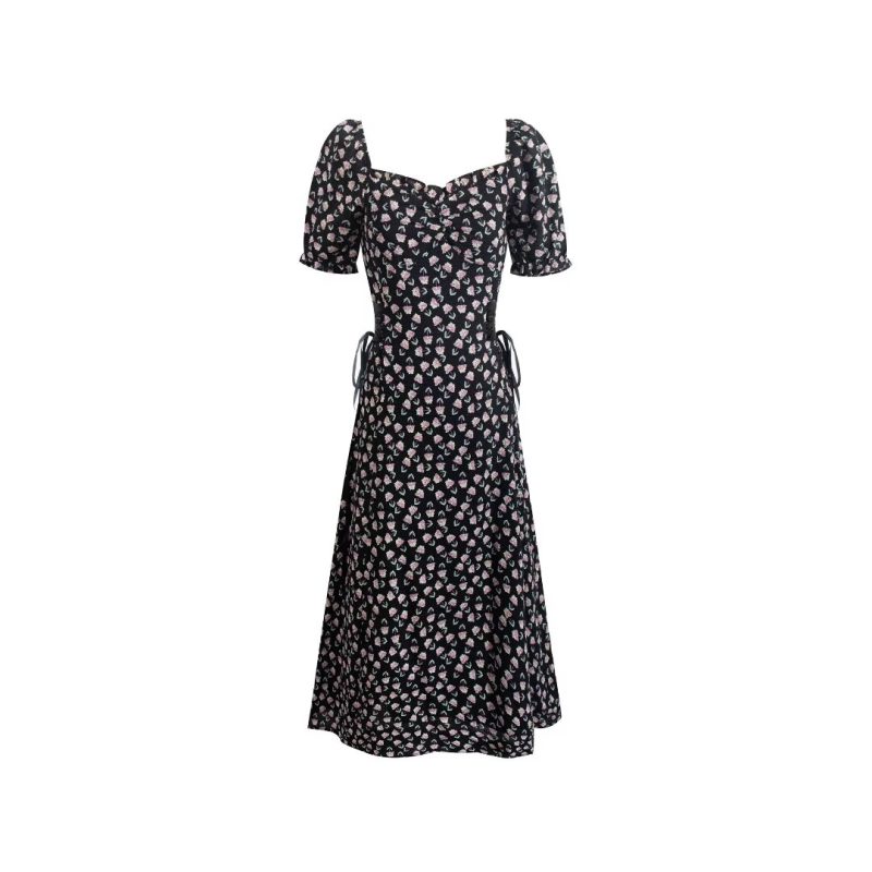 French Retro Puff Sleeve Lace-Up Midi Dress - Image 2