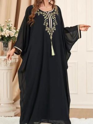 Summer Black Embroidery Batwing Sleeve Dress Women