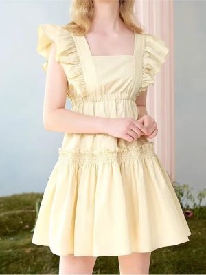 Beige Square Collar Pleated Patchwork Dress