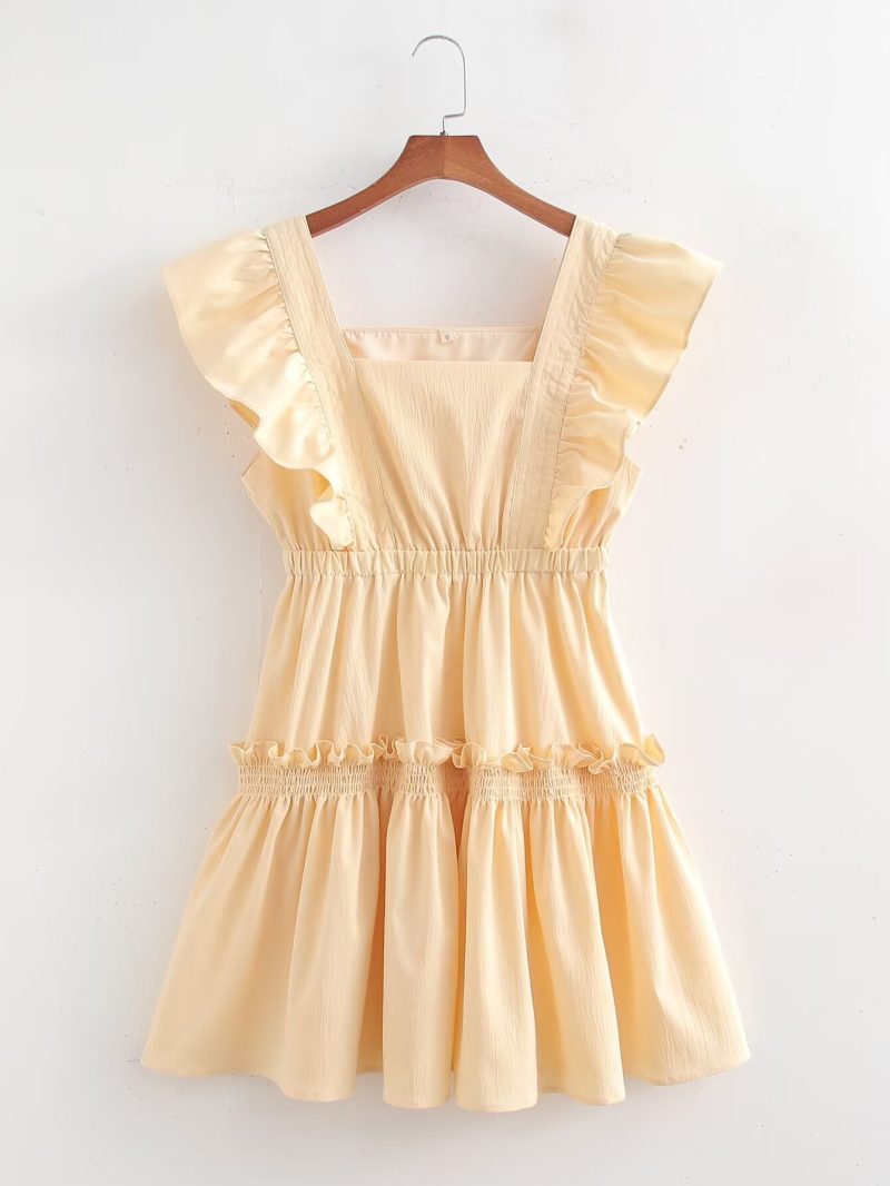 Beige Square Collar Pleated Patchwork Dress - Image 2
