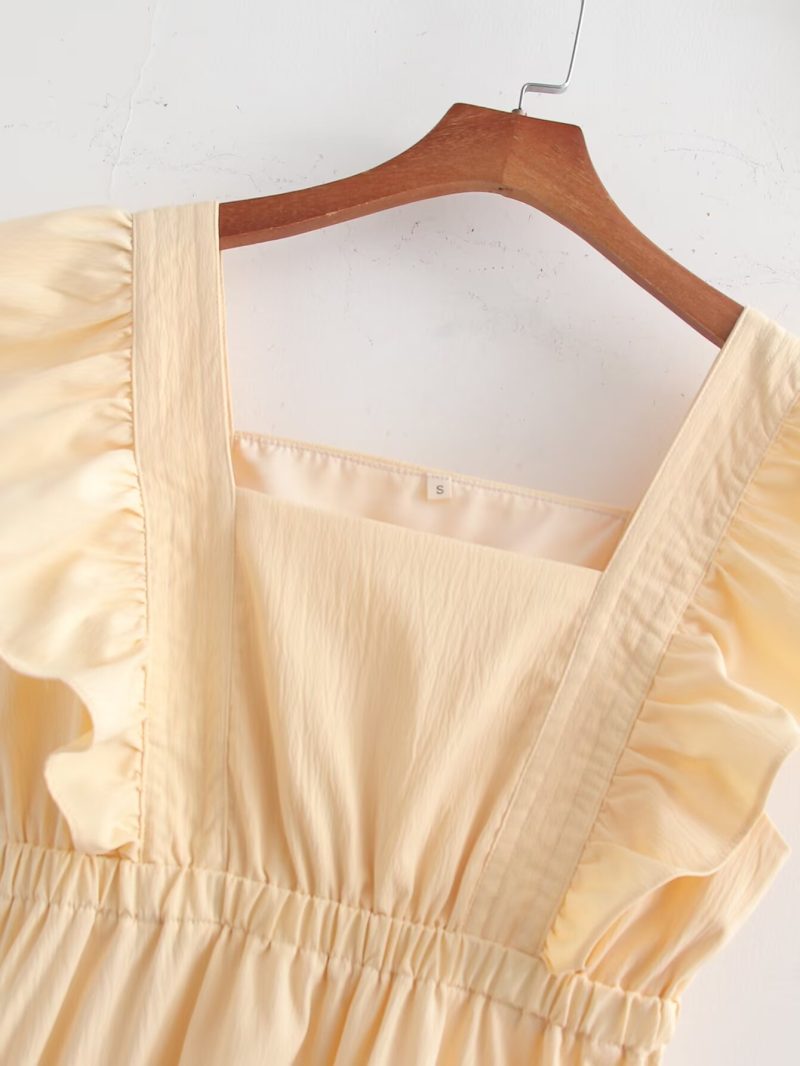 Beige Square Collar Pleated Patchwork Dress - Image 3