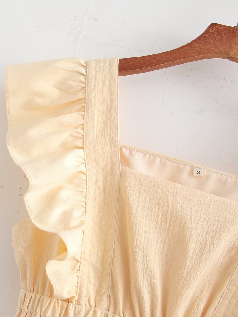 Beige Square Collar Pleated Patchwork Dress - Image 4