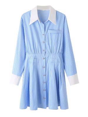 Collared Striped Shirt Dress French Style Women