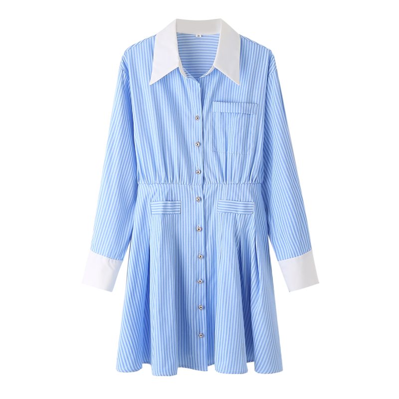 Collared Striped Shirt Dress French Style Women
