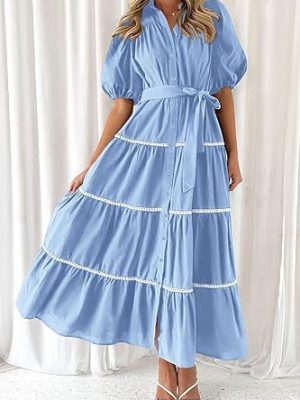 Elegant Pleated Bubble Sleeve Shirt Dress Women