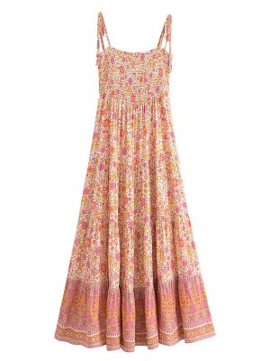 Floral Rayon Belted Backless Suspender Dress