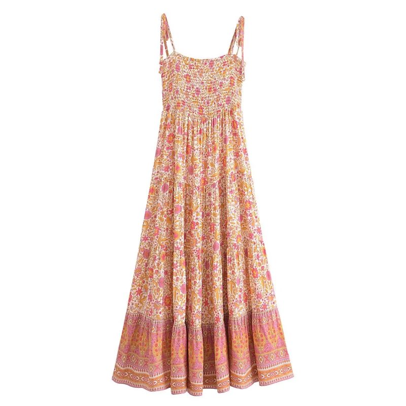 Floral Rayon Belted Backless Suspender Dress
