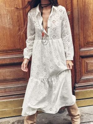 Embroidered Hollow Out Midi Dress for Women