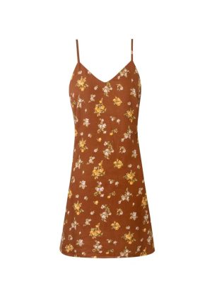 Brown Printed V Neck Vacation Cool Dress