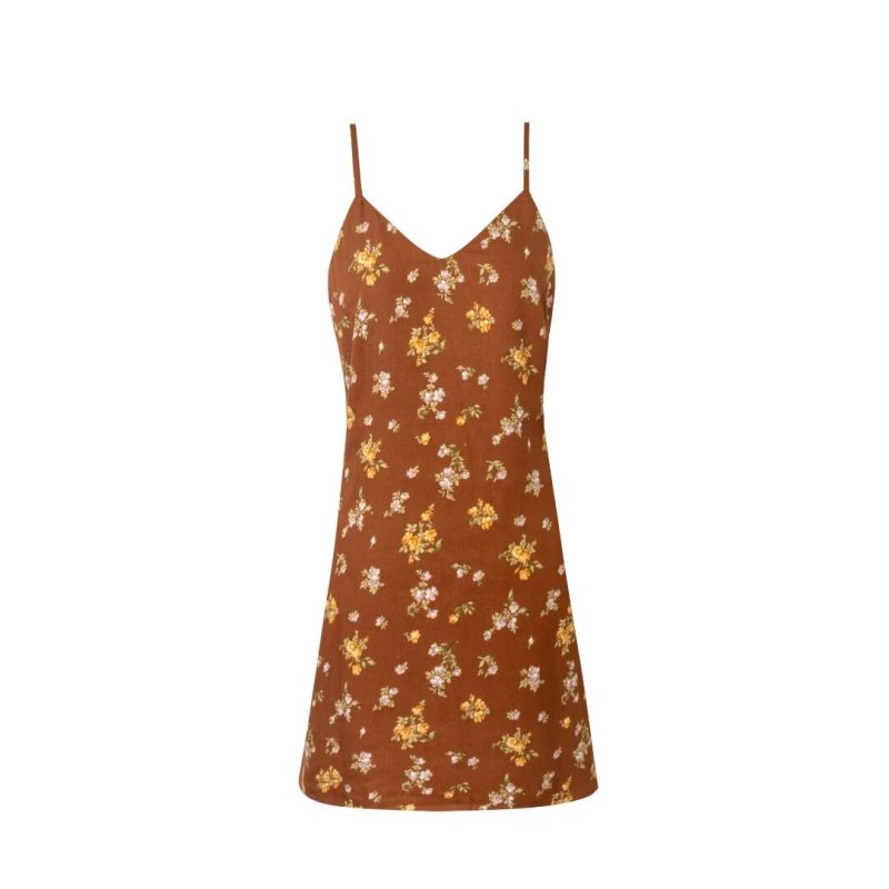 Brown Printed V Neck Vacation Cool Dress