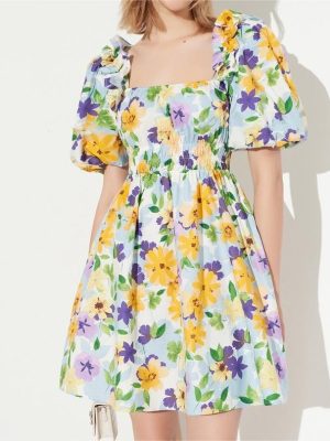 Spring Puff Sleeve Square Collar Printed Dress