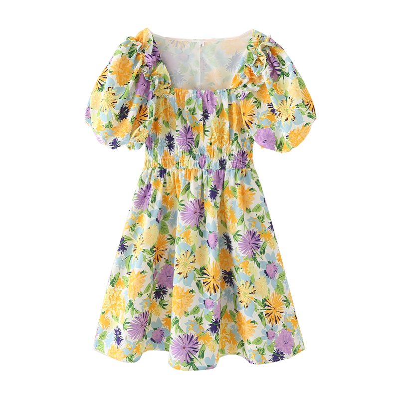 Spring Puff Sleeve Square Collar Printed Dress - Image 2