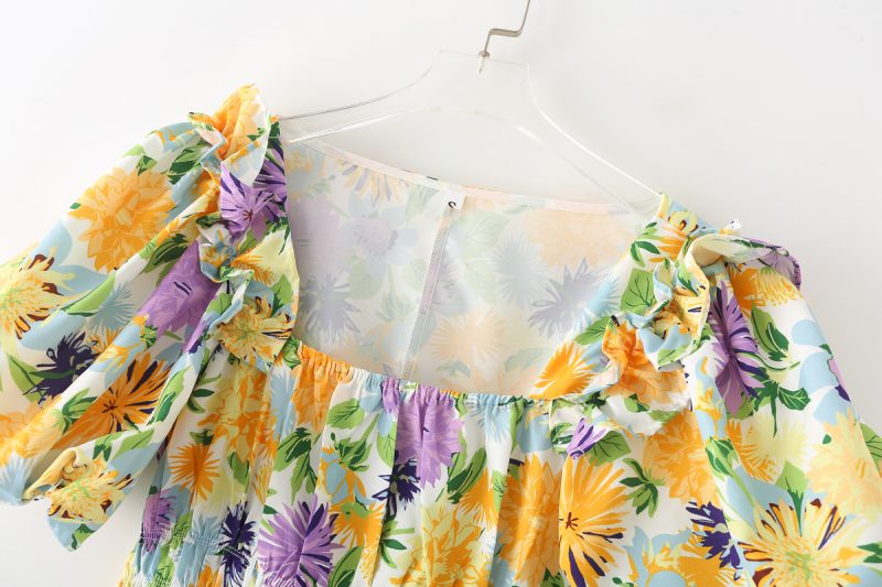 Spring Puff Sleeve Square Collar Printed Dress - Image 3
