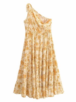 Casual Asymmetric Oblique Shoulder Printed Dress