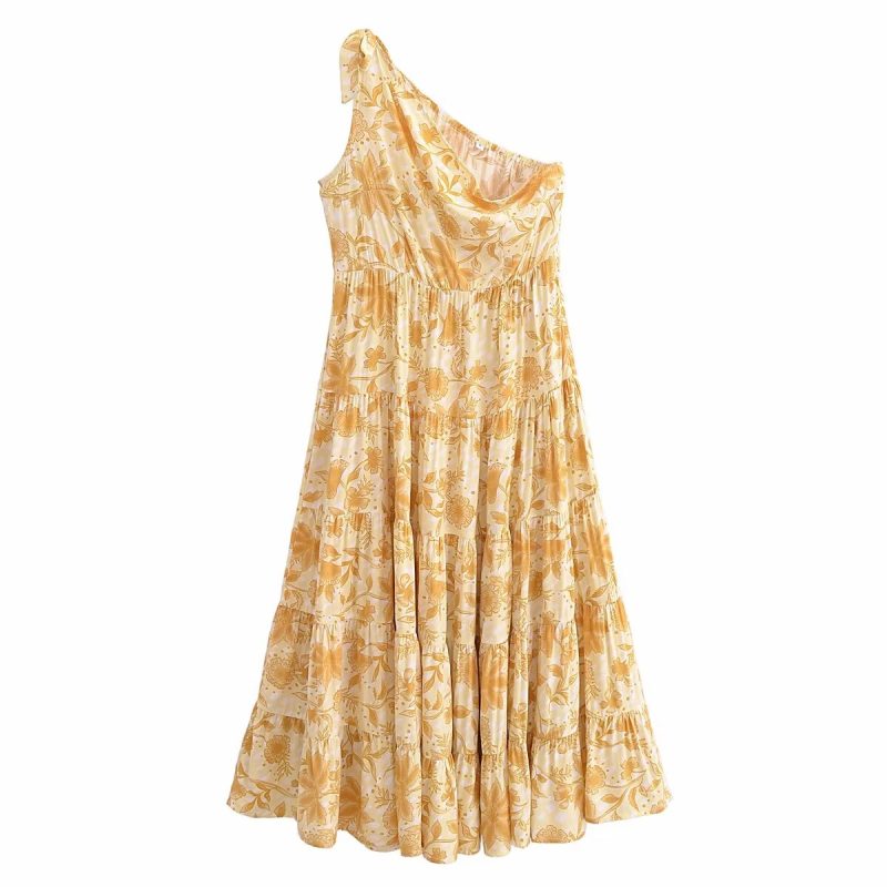 Casual Asymmetric Oblique Shoulder Printed Dress