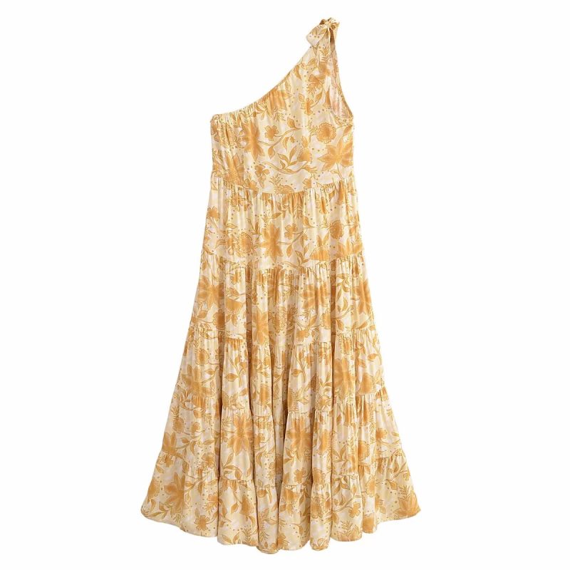 Casual Asymmetric Oblique Shoulder Printed Dress - Image 2