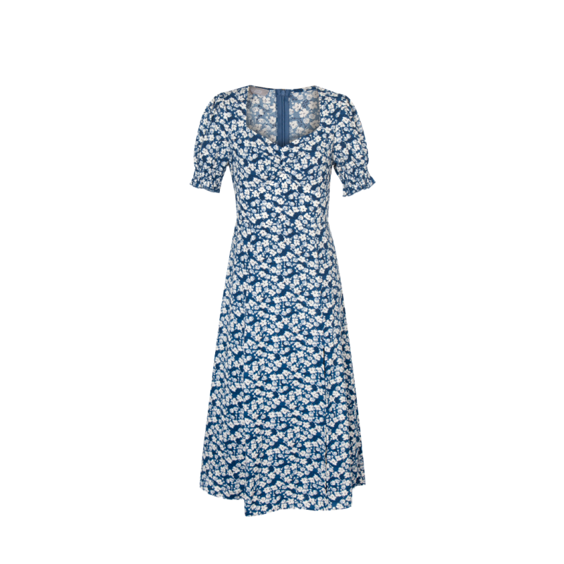 Blue Floral Maxi Dress with Puff Sleeves