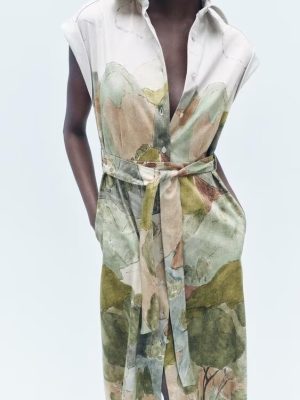 Printed Belted Collared Shirt Dress for Spring