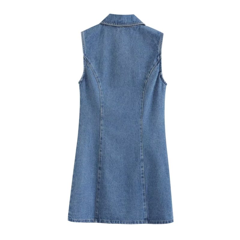 Sleeveless Lapel Slim Fit Summer Denim Dress - Image 2