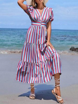 Striped V-Neck High Waist Spring Dress