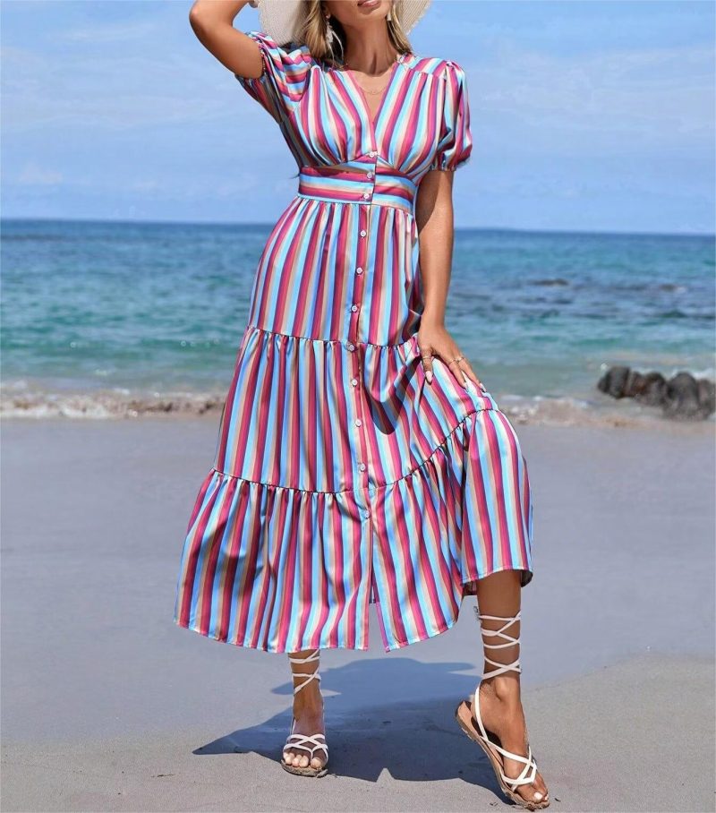 Striped V-Neck High Waist Spring Dress