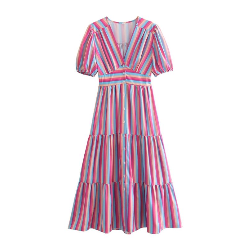 Striped V-Neck High Waist Spring Dress - Image 2