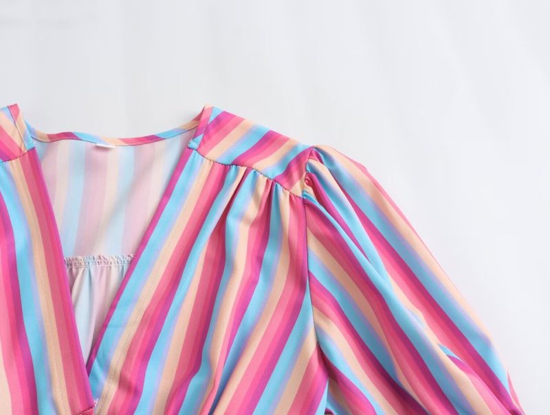 Striped V-Neck High Waist Spring Dress - Image 3