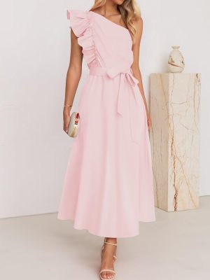 One Shoulder Ruffled Maxi Belted Bridesmaid Dress