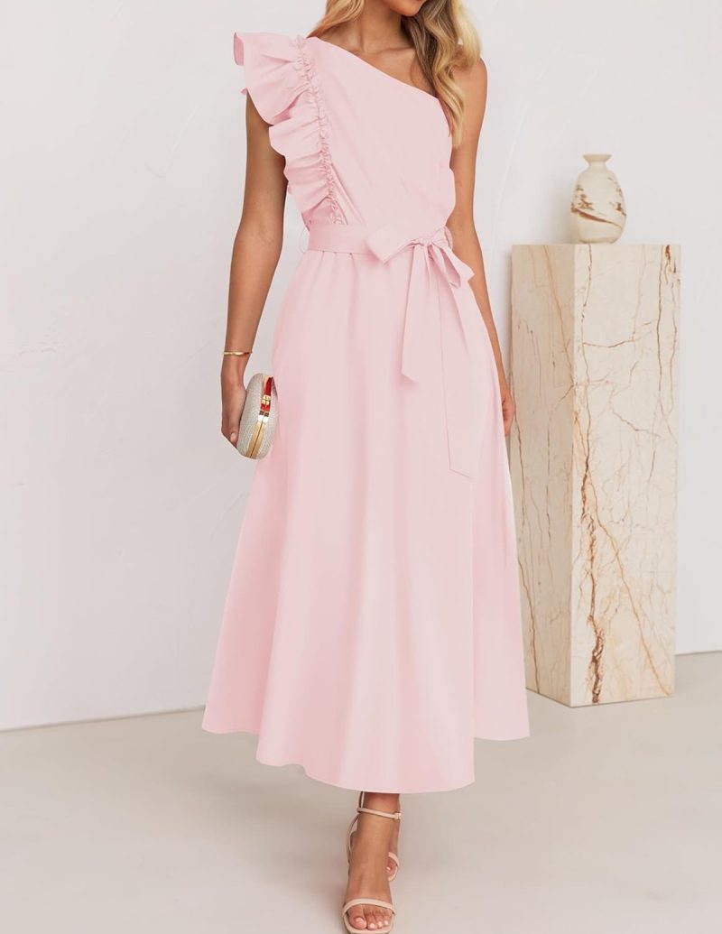 One Shoulder Ruffled Maxi Belted Bridesmaid Dress
