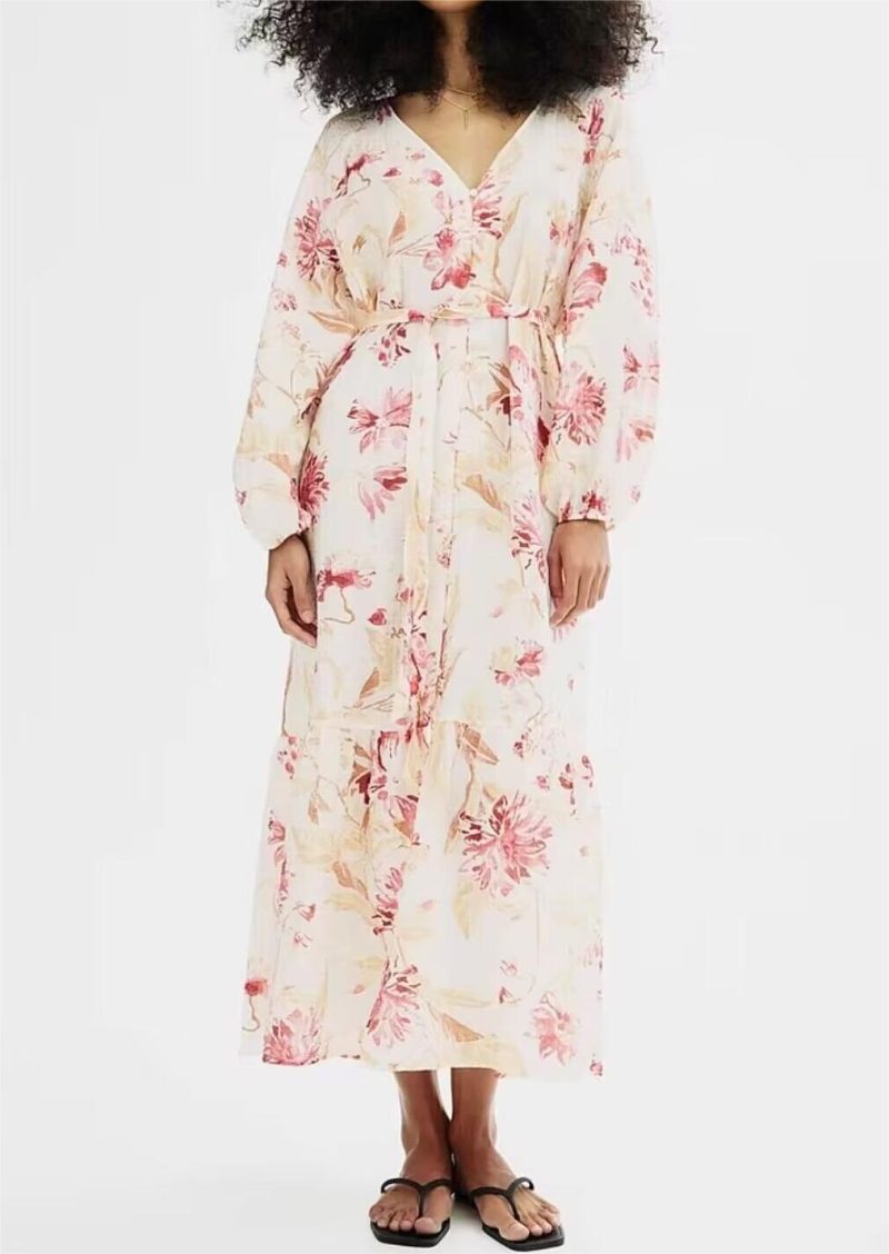 Women's Printed V Neck Long Shirt Dress
